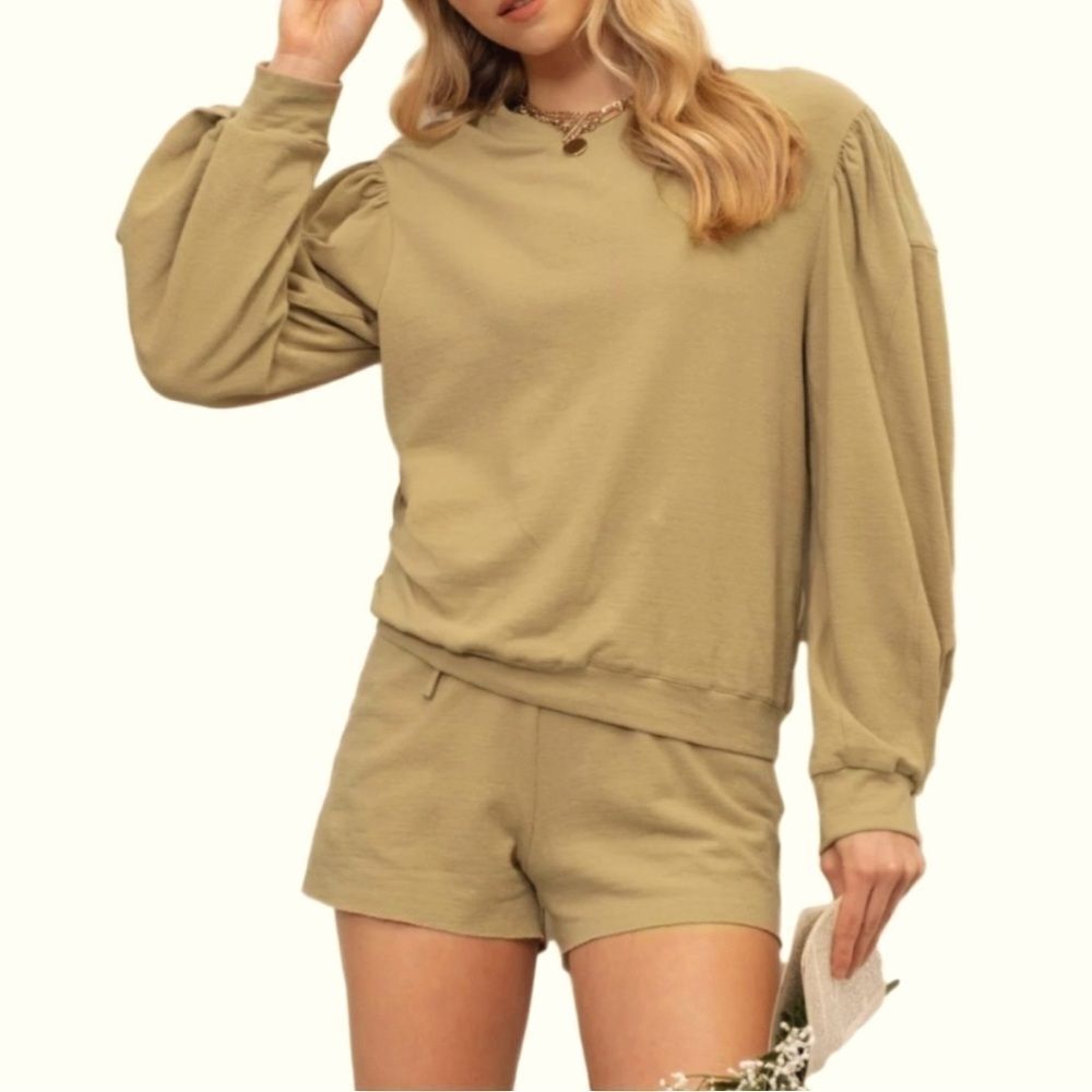 By the River Cozy Life Beige Puff Sleeve Lounge Sweatshirt Medium